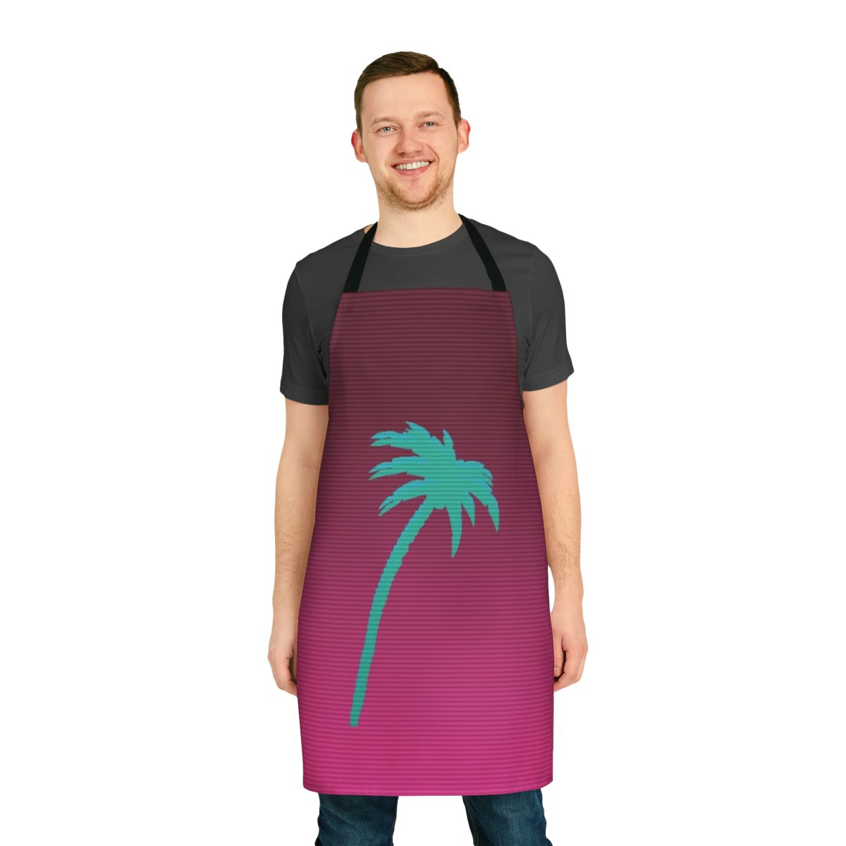 Vibrant Vaporwave-style apron featuring a palm tree design, inspired by the Hotline Miami video game.