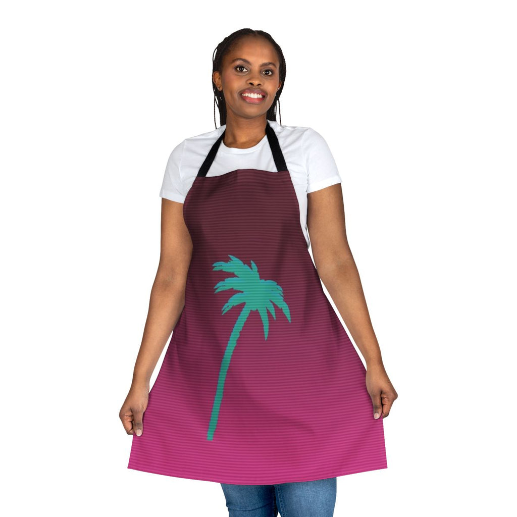 Vibrant Vaporwave-style apron featuring a palm tree design, inspired by the Hotline Miami video game.