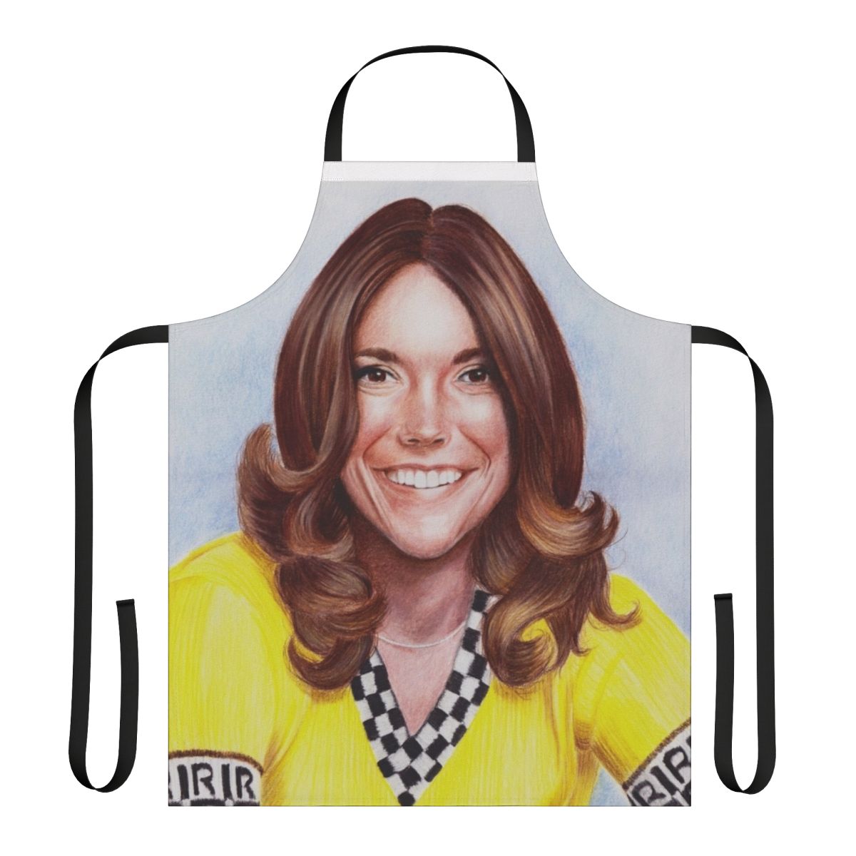 Vintage-style yellow apron with an image of Karen Carpenter, the iconic 1970s musician