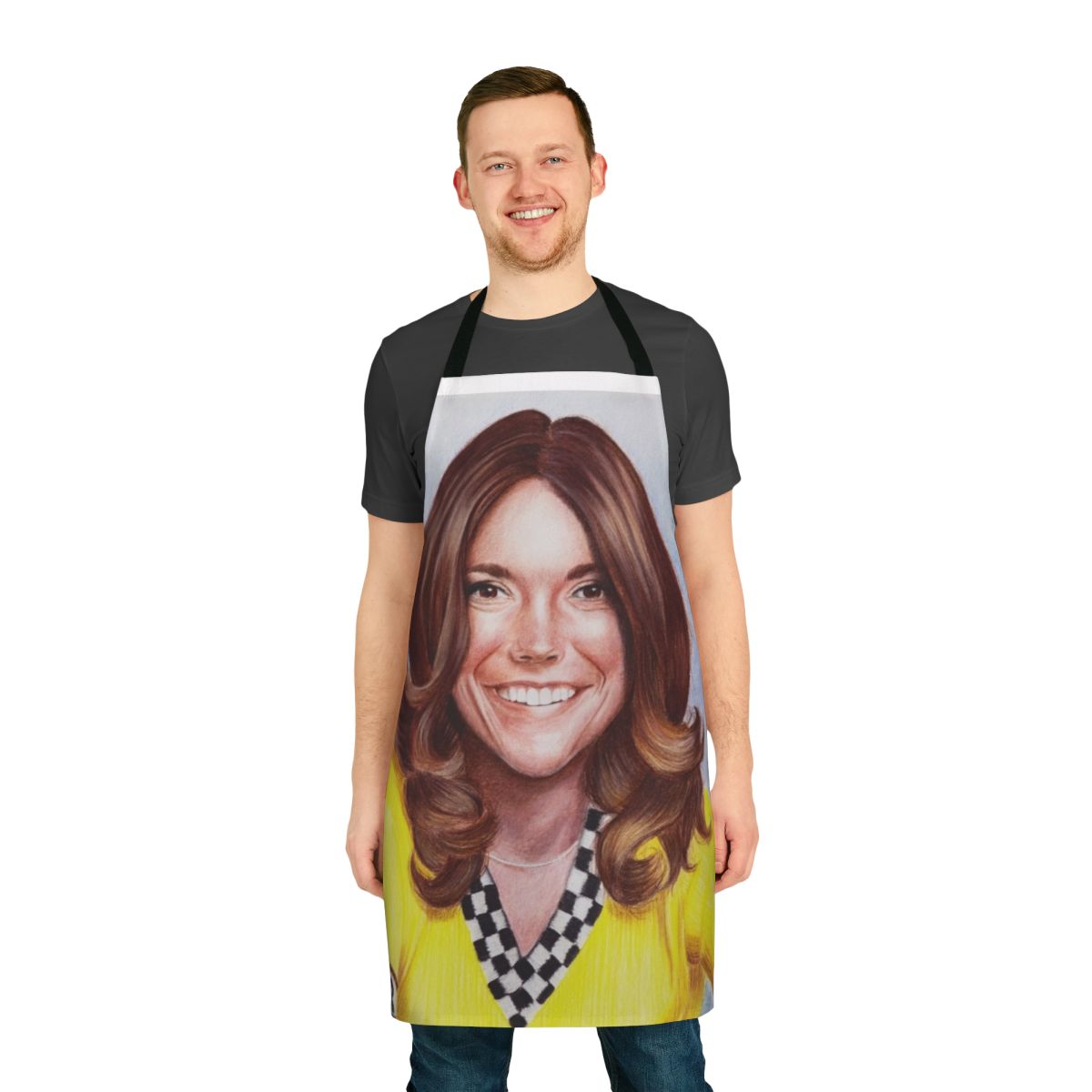 Vintage-style yellow apron with an image of Karen Carpenter, the iconic 1970s musician