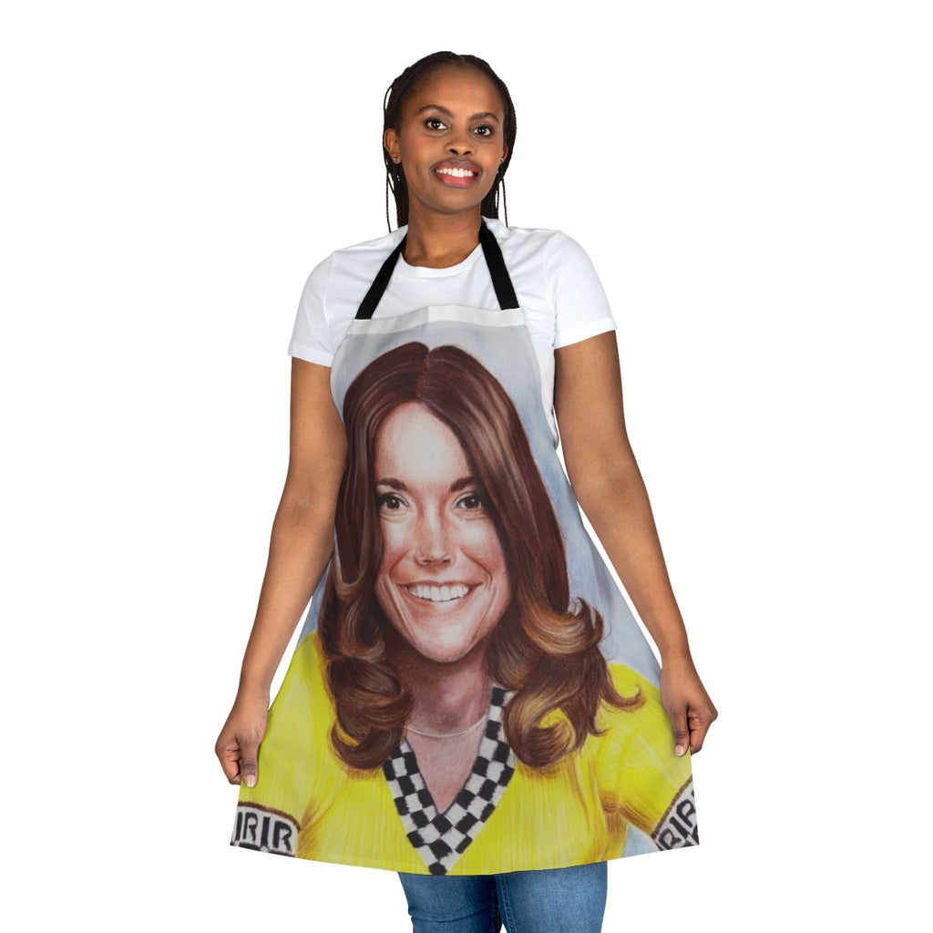 Vintage-style yellow apron with an image of Karen Carpenter, the iconic 1970s musician