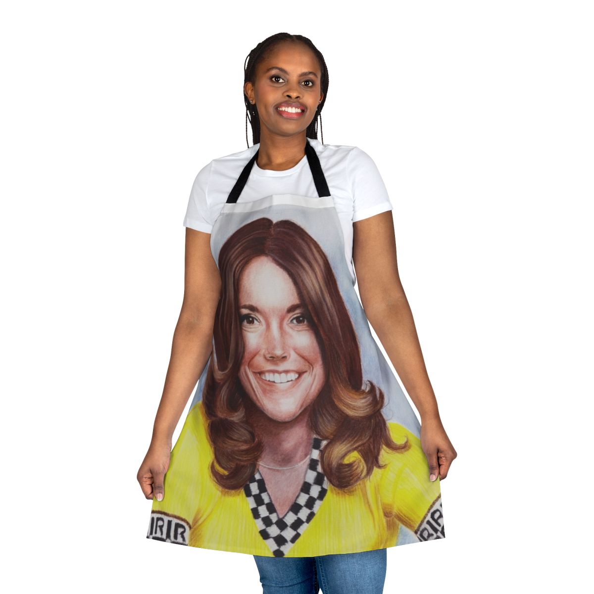 Vintage-style yellow apron with an image of Karen Carpenter, the iconic 1970s musician