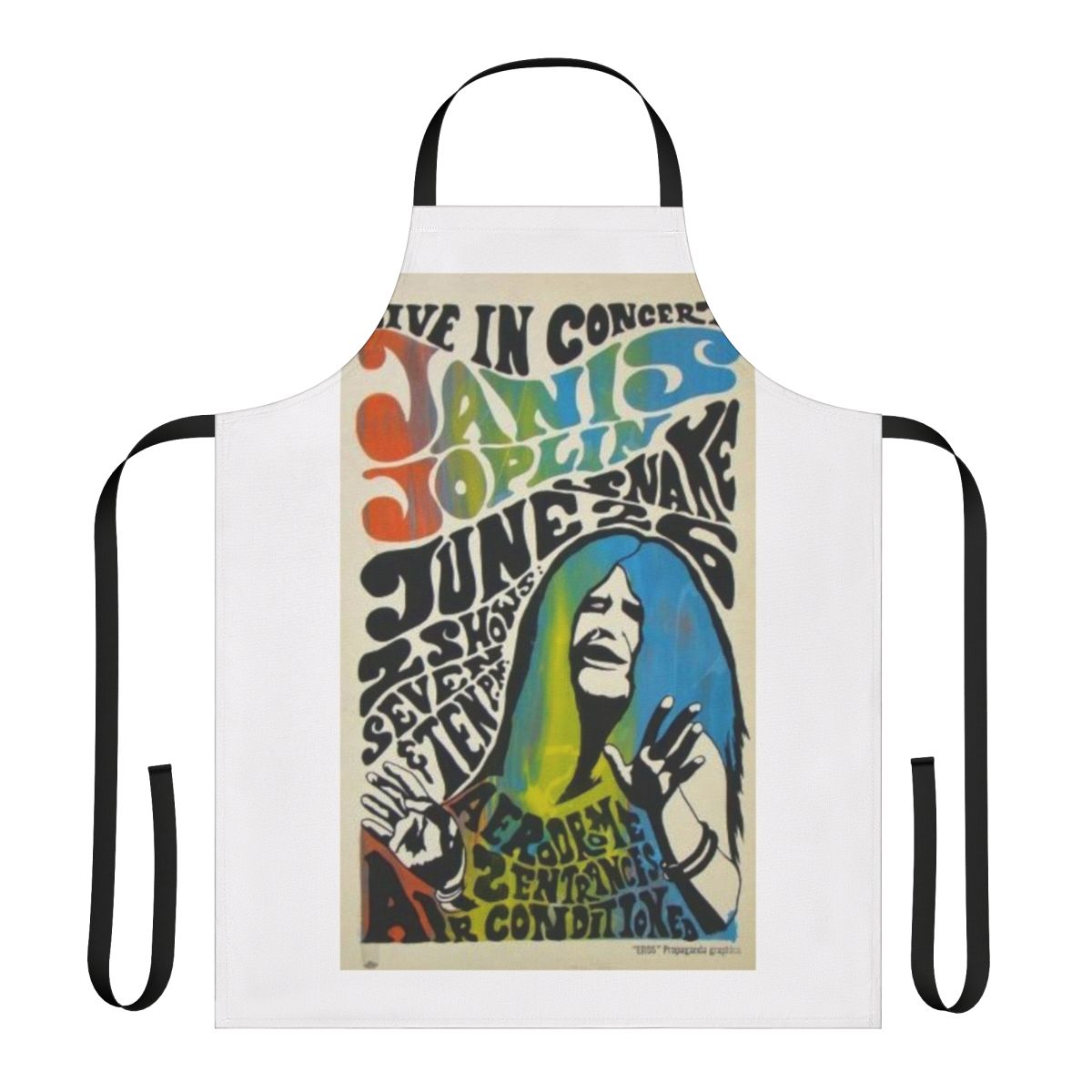 Vintage-style apron featuring a psychedelic rock music concert poster design with Janis Joplin and other 1960s and 1970s bands.