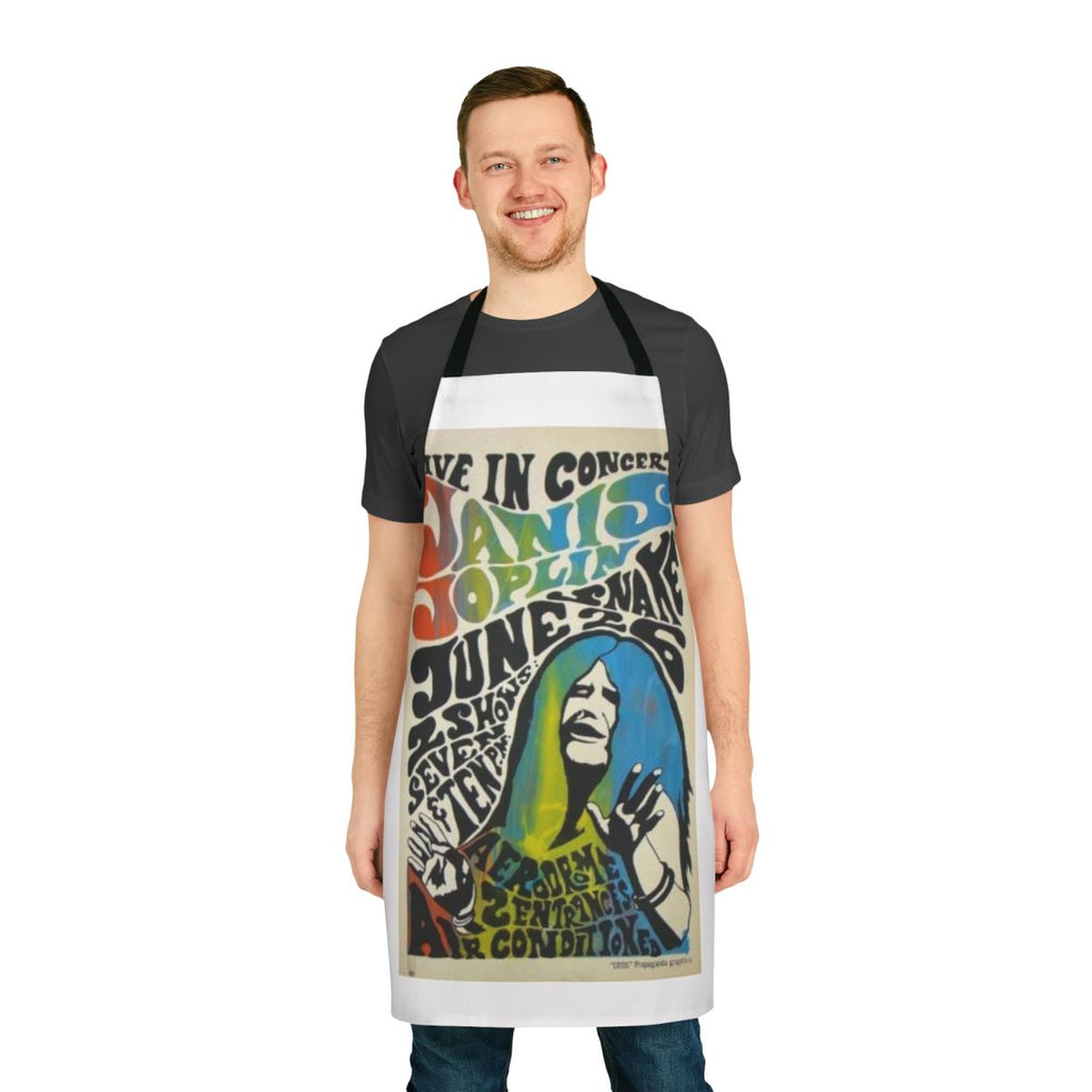 Vintage-style apron featuring a psychedelic rock music concert poster design with Janis Joplin and other 1960s and 1970s bands.