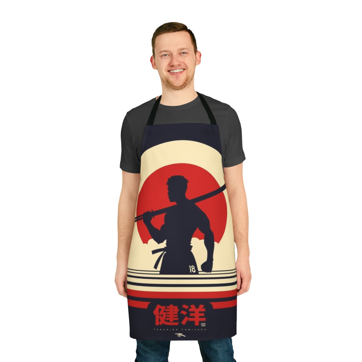 Apron featuring a retro-inspired illustration of Japanese footballer Takehiro Tomiyasu