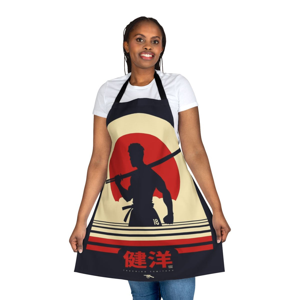 Apron featuring a retro-inspired illustration of Japanese footballer Takehiro Tomiyasu
