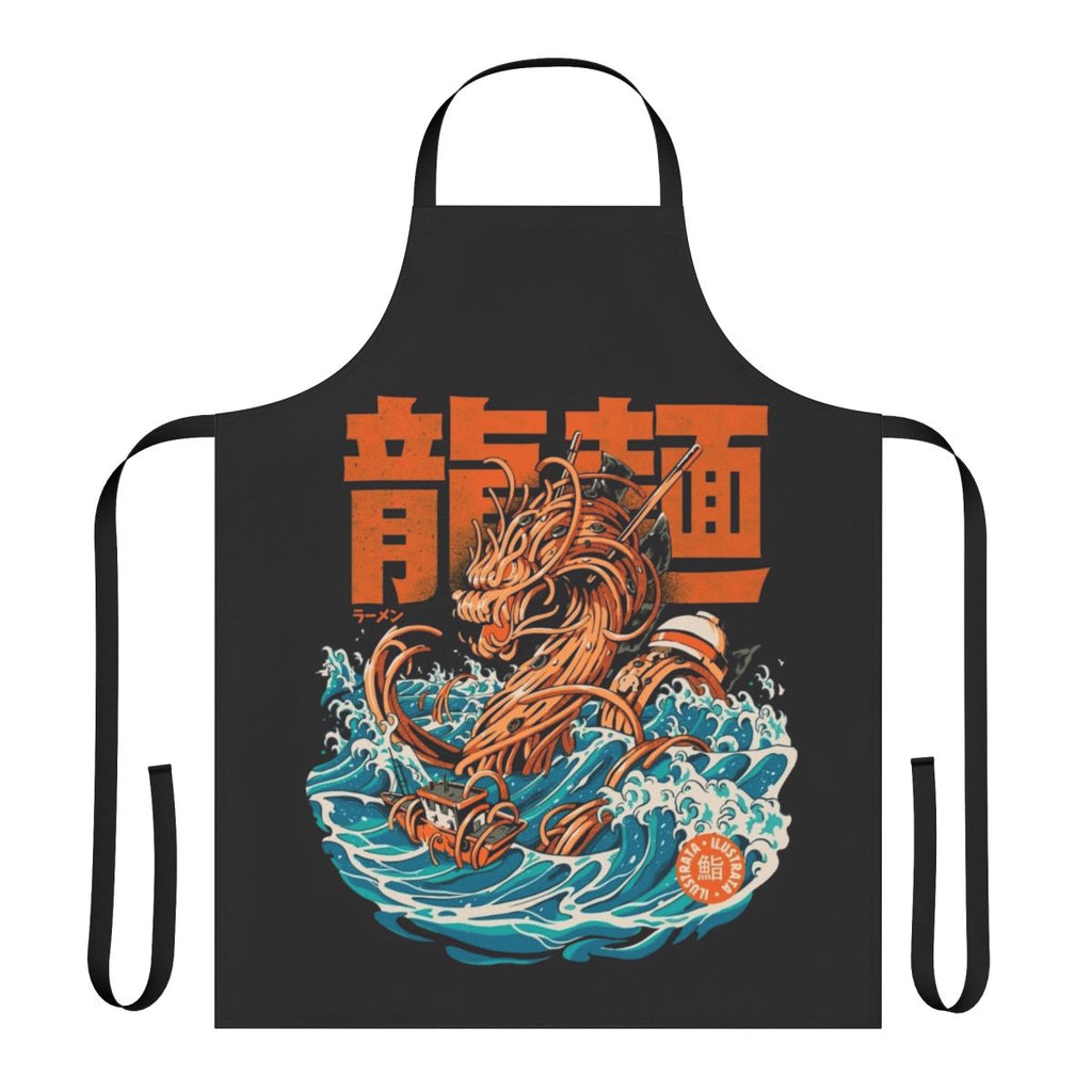 Retro-style apron featuring a rampaging ramen dragon against the iconic Kanagawa wave artwork