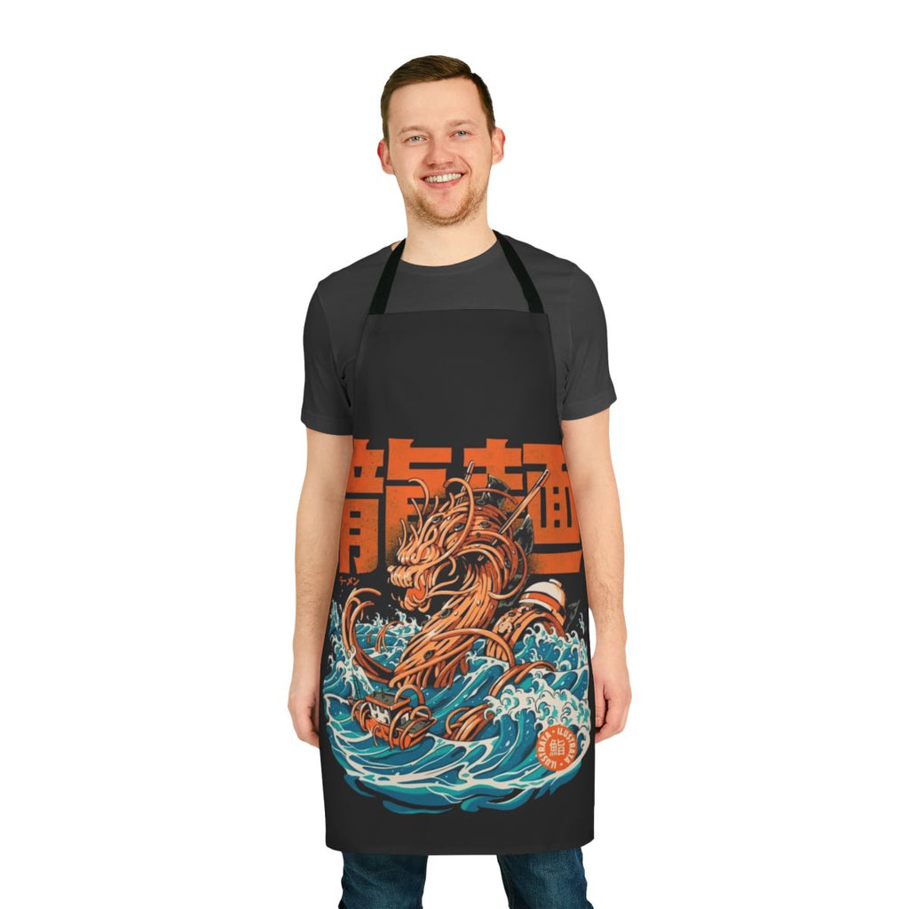 Retro-style apron featuring a rampaging ramen dragon against the iconic Kanagawa wave artwork