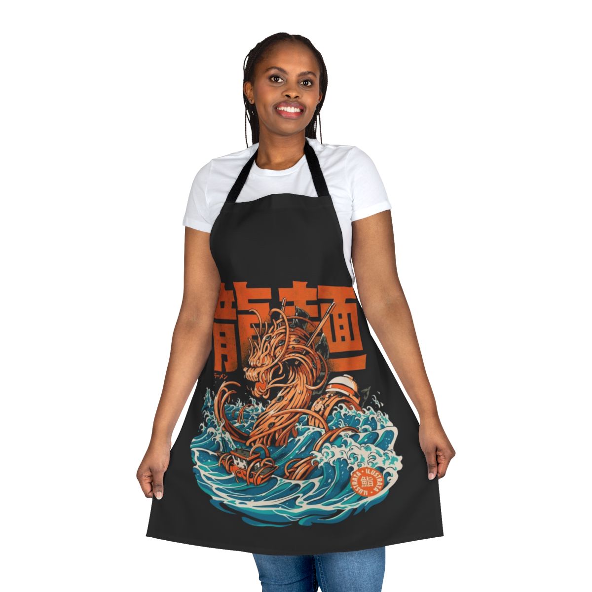 Retro-style apron featuring a rampaging ramen dragon against the iconic Kanagawa wave artwork