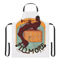 Retro jazz-inspired apron with trumpets, saxophones, and other vintage musical instruments