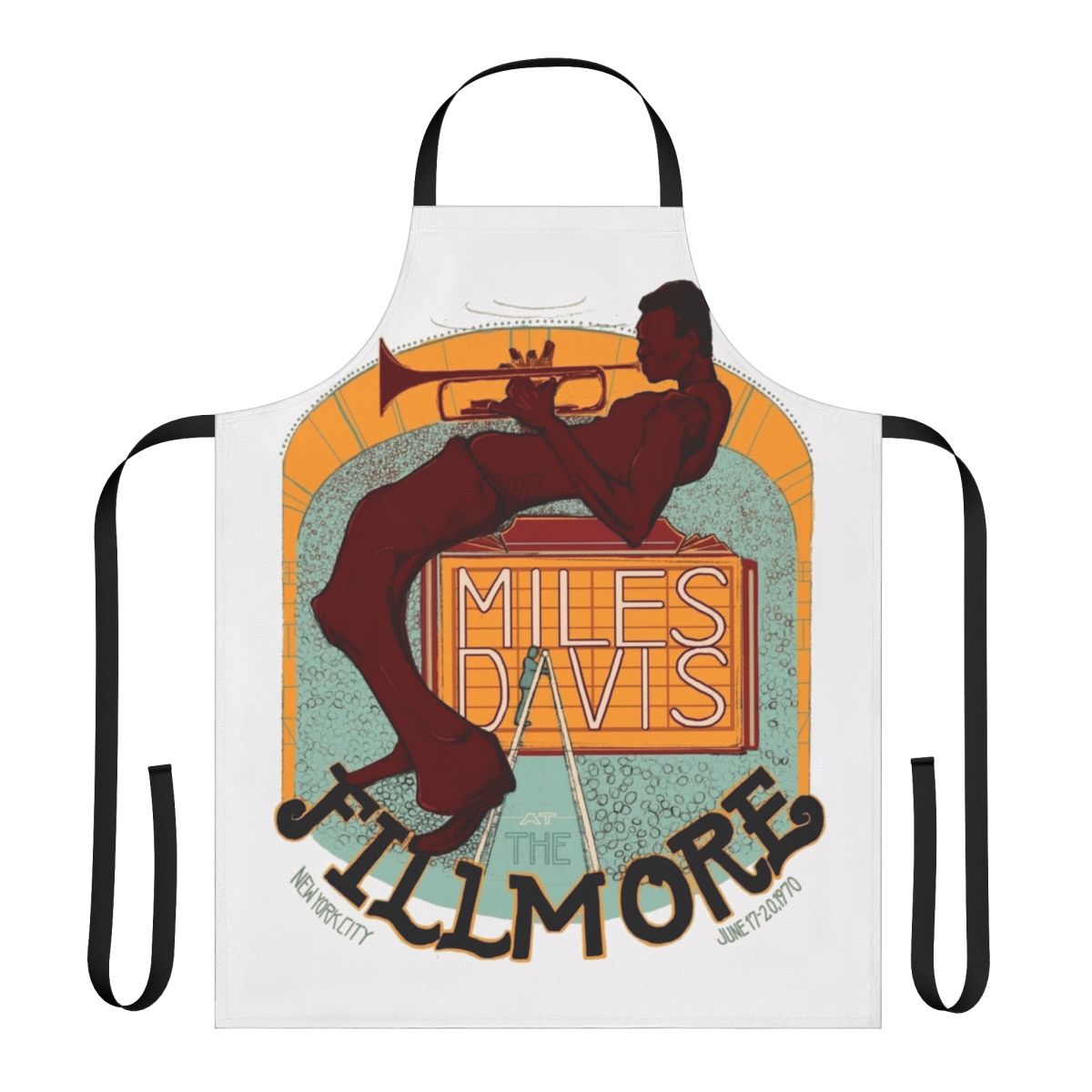 Retro jazz-inspired apron with trumpets, saxophones, and other vintage musical instruments