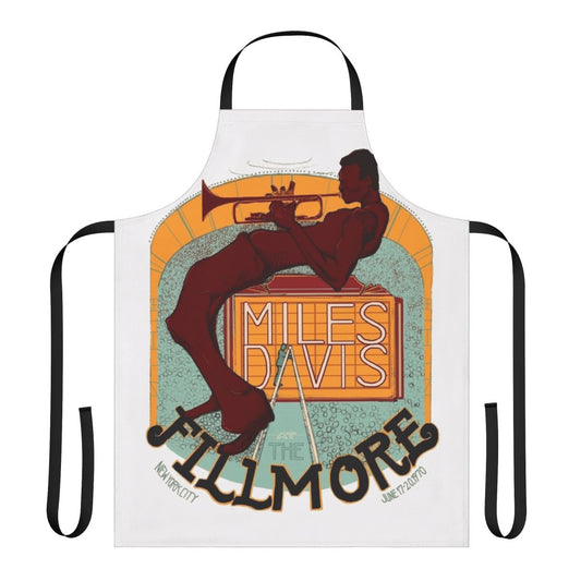 Retro jazz-inspired apron with trumpets, saxophones, and other vintage musical instruments