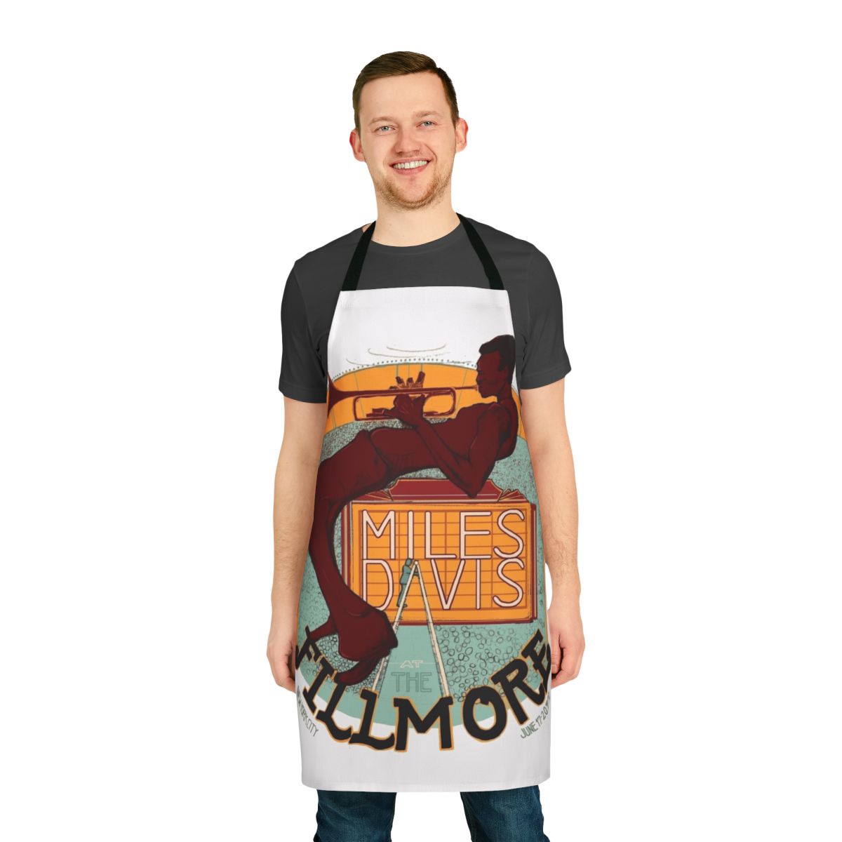 Retro jazz-inspired apron with trumpets, saxophones, and other vintage musical instruments