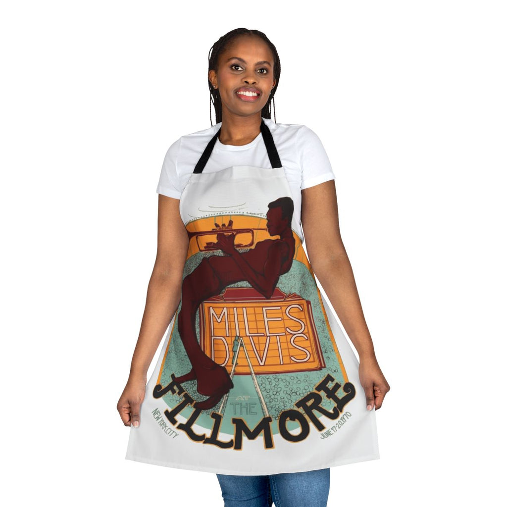 Retro jazz-inspired apron with trumpets, saxophones, and other vintage musical instruments