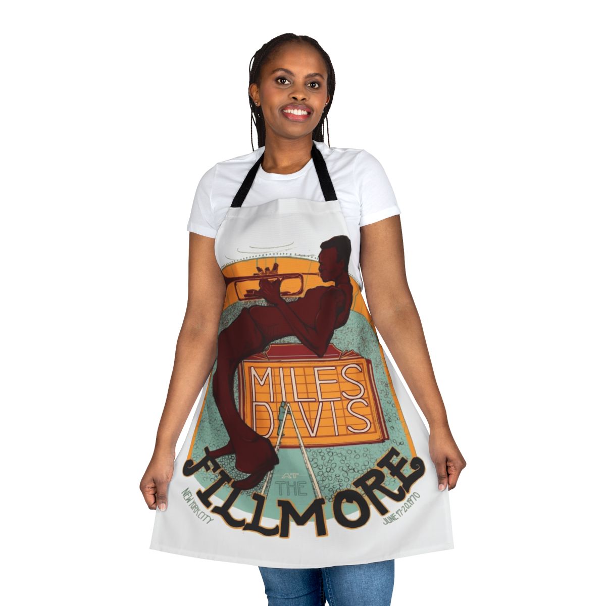Retro jazz-inspired apron with trumpets, saxophones, and other vintage musical instruments