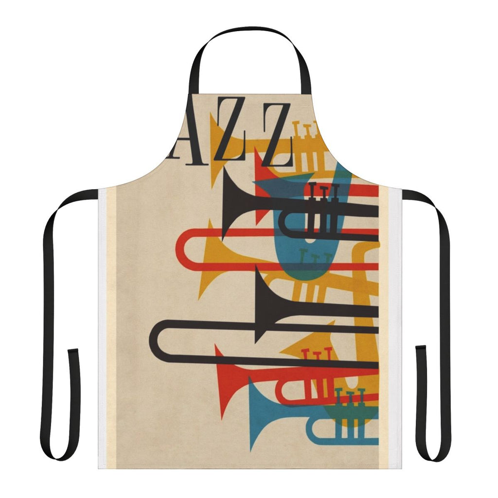 Vibrant jazz-themed apron with musical instruments and retro design
