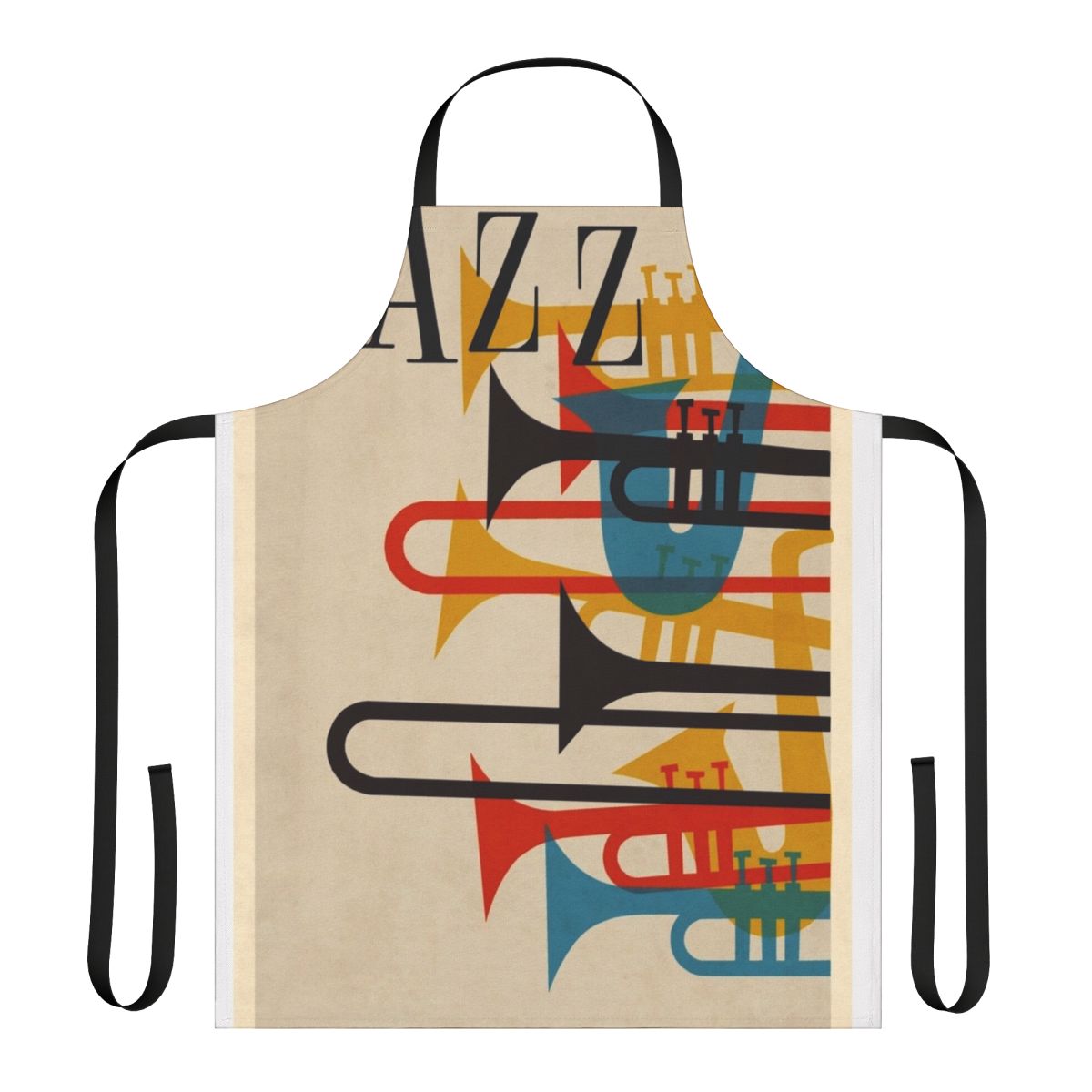Vibrant jazz-themed apron with musical instruments and retro design