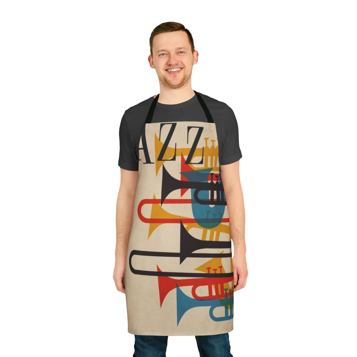 Vibrant jazz-themed apron with musical instruments and retro design
