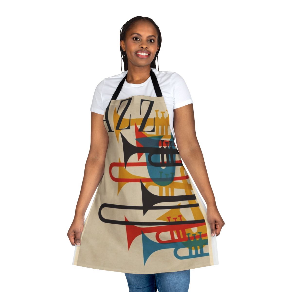 Vibrant jazz-themed apron with musical instruments and retro design