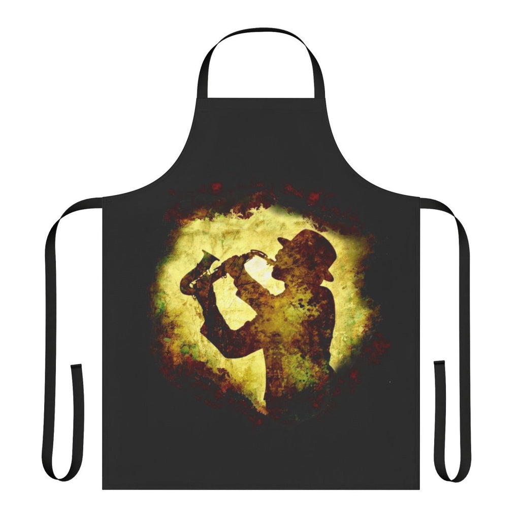 Sax player wearing a retro jazz t-shirt apron with a cool vintage saxophone design