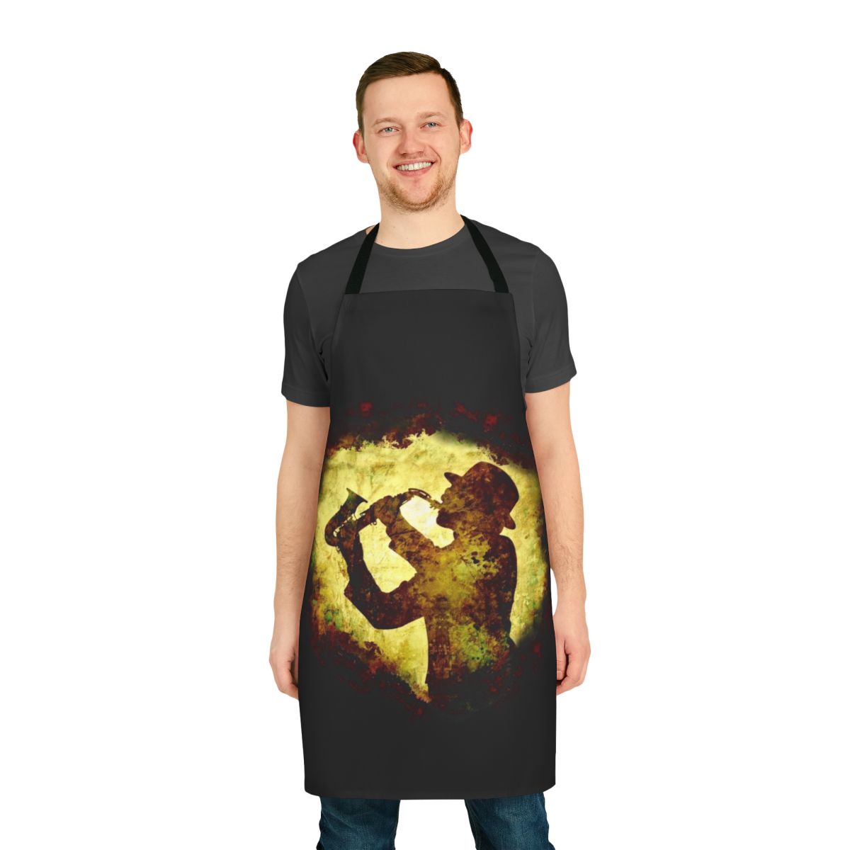 Sax player wearing a retro jazz t-shirt apron with a cool vintage saxophone design