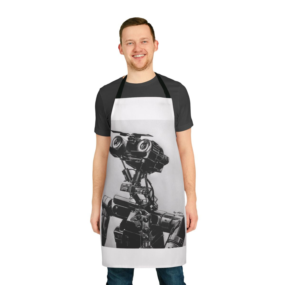 Apron featuring the iconic robot character Johnny 5 from the 1988 sci-fi cult classic movie Short Circuit.