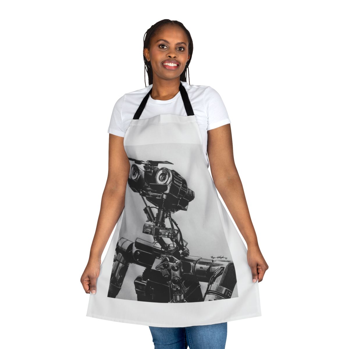 Apron featuring the iconic robot character Johnny 5 from the 1988 sci-fi cult classic movie Short Circuit.
