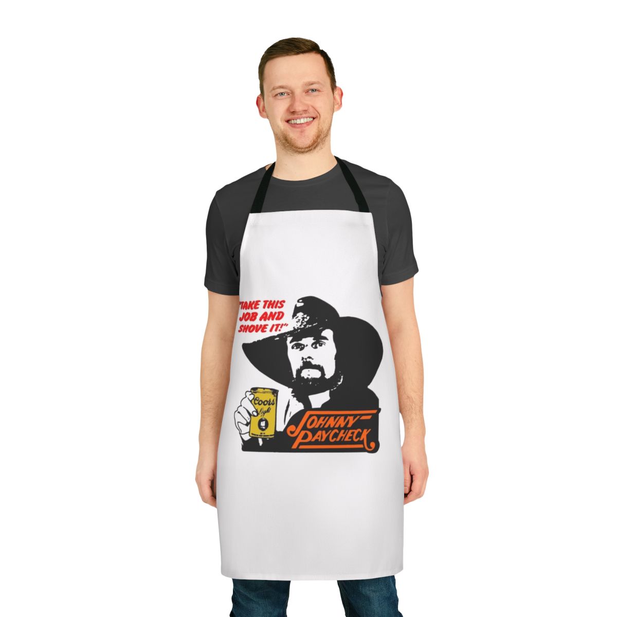 Vintage-style apron with the classic country song lyrics "Take This Job and Shove It" by Johnny Paycheck