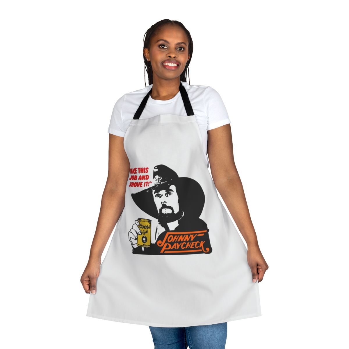 Vintage-style apron with the classic country song lyrics "Take This Job and Shove It" by Johnny Paycheck