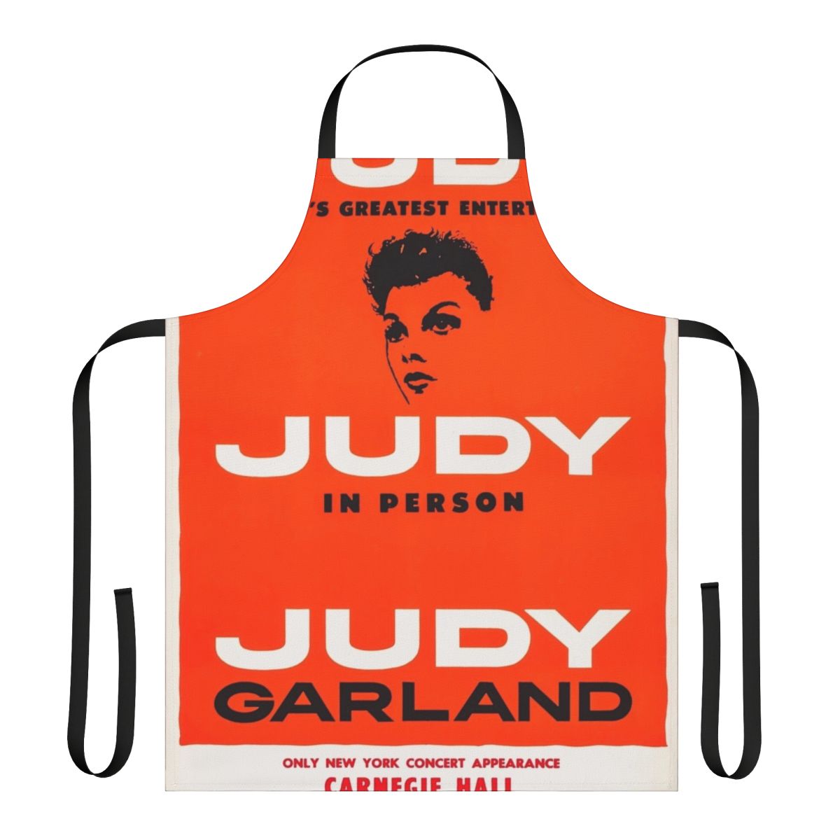 Retro-styled apron featuring Judy Garland's iconic Carnegie Hall concert poster design