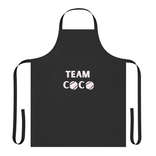 Whimsical apron featuring a cartoon-style illustration of a tennis player
