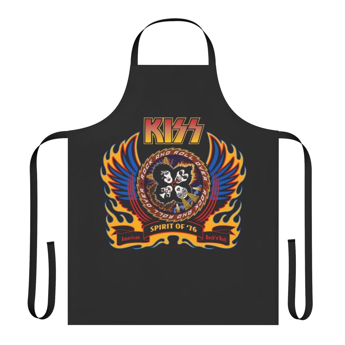 Retro-style Kiss band apron with flames and wings graphic