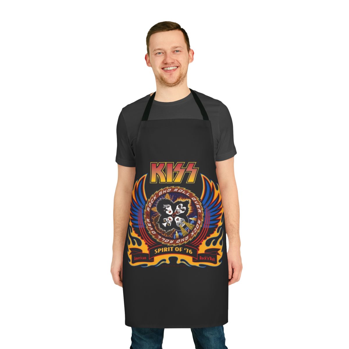 Retro-style Kiss band apron with flames and wings graphic