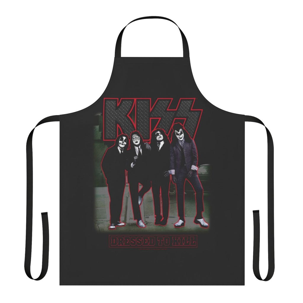 A black and white apron with the iconic Kiss band logo and Dressed To Kill album artwork.