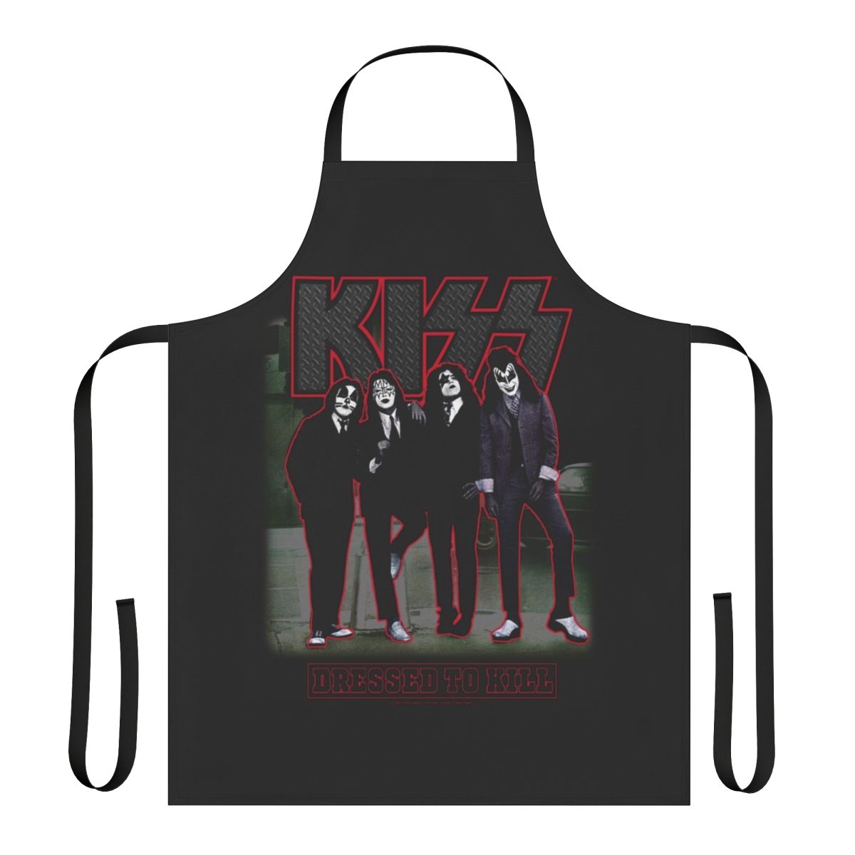 A black and white apron with the iconic Kiss band logo and Dressed To Kill album artwork.