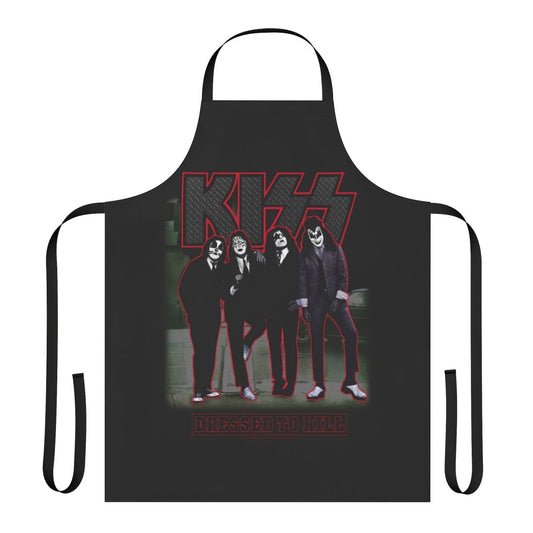 A black and white apron with the iconic Kiss band logo and Dressed To Kill album artwork.