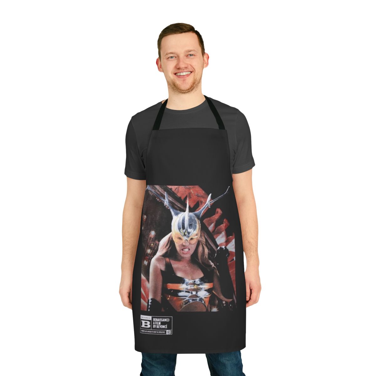 Retro-style kitchen apron featuring Beyonce's Renaissance album artwork and lyrics