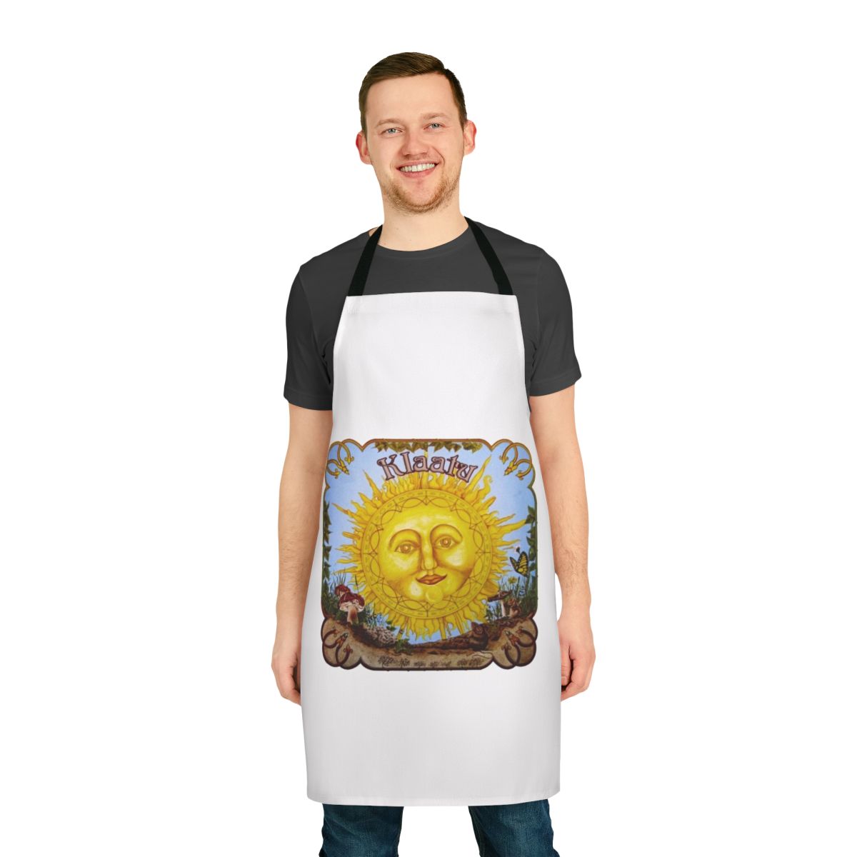 Klaatu-inspired vintage-style apron with psychedelic and progressive rock design