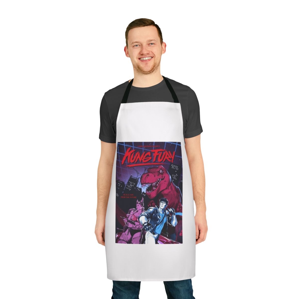 Alternative poster design Kung Fury inspired apron featuring retro 80s graphics and synthwave style elements.