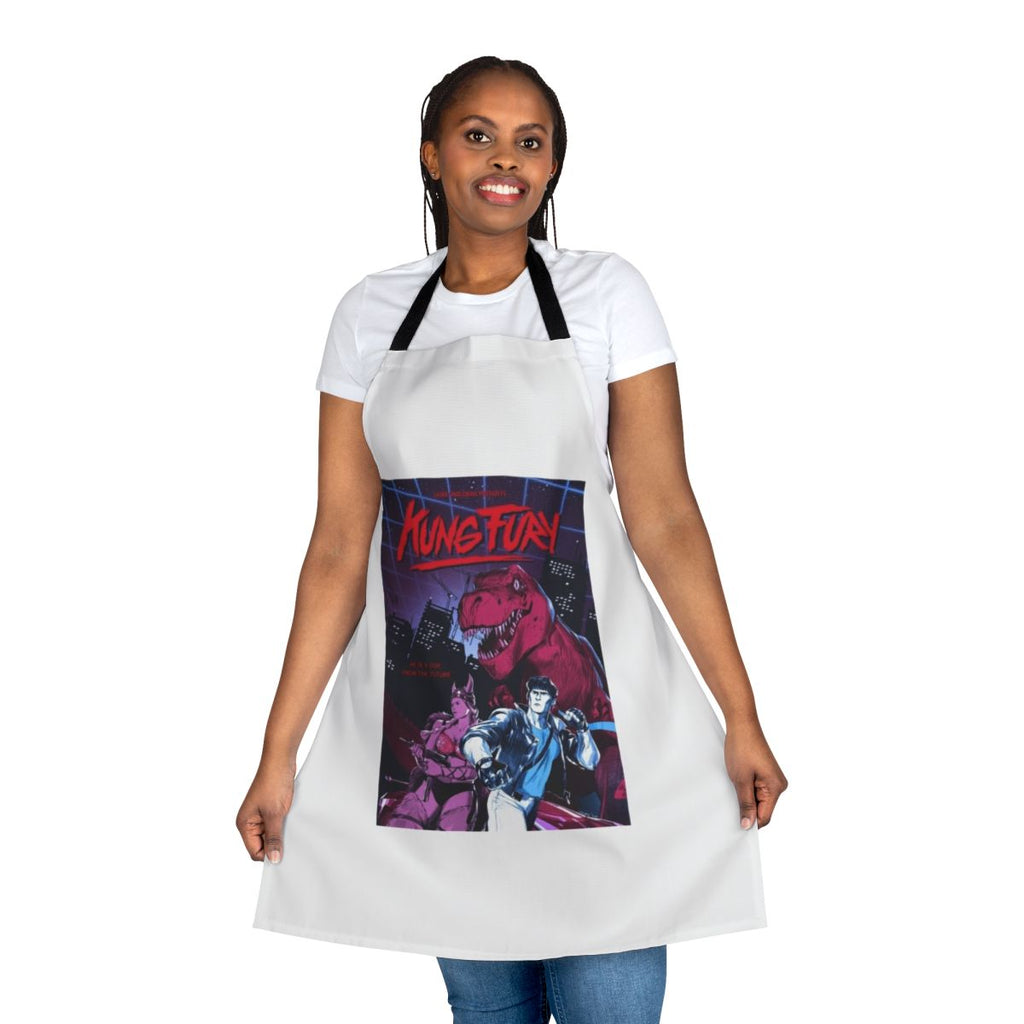 Alternative poster design Kung Fury inspired apron featuring retro 80s graphics and synthwave style elements.