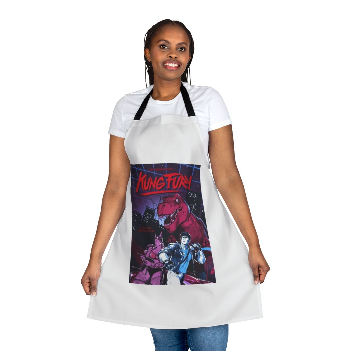 Alternative poster design Kung Fury inspired apron featuring retro 80s graphics and synthwave style elements.