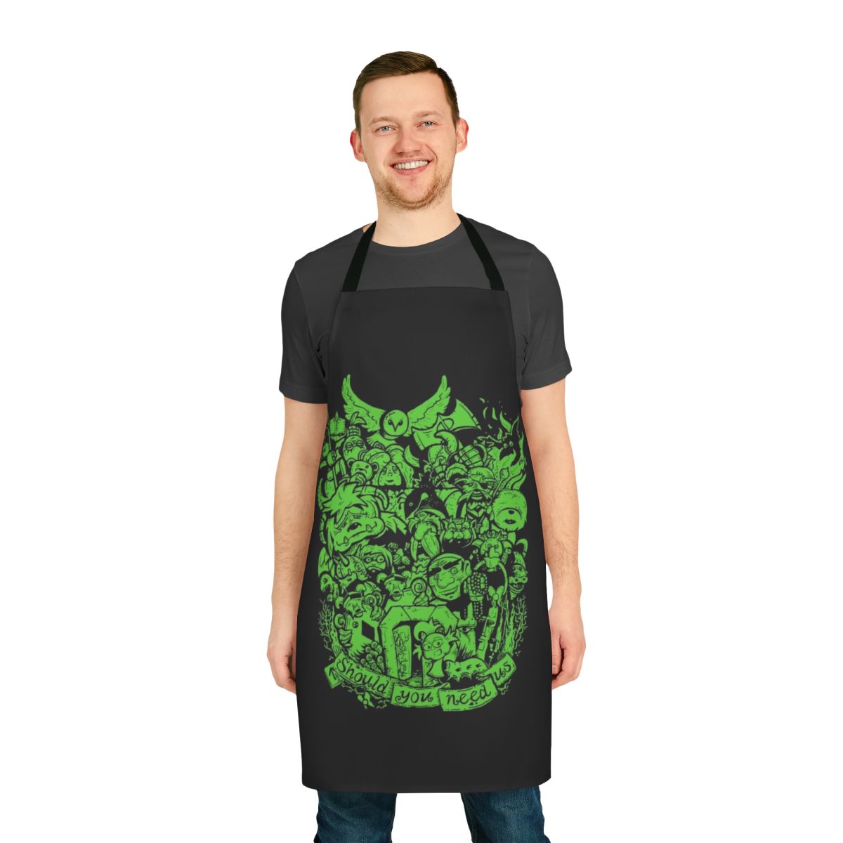 Green apron featuring iconic Labyrinth movie imagery and characters