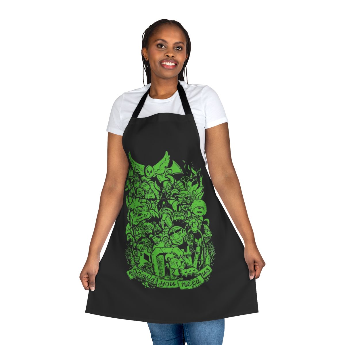 Green apron featuring iconic Labyrinth movie imagery and characters