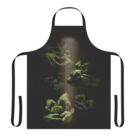 A vintage-inspired apron featuring a whimsical labyrinth and helping hand design, perfect for fans of 80s fantasy movies.