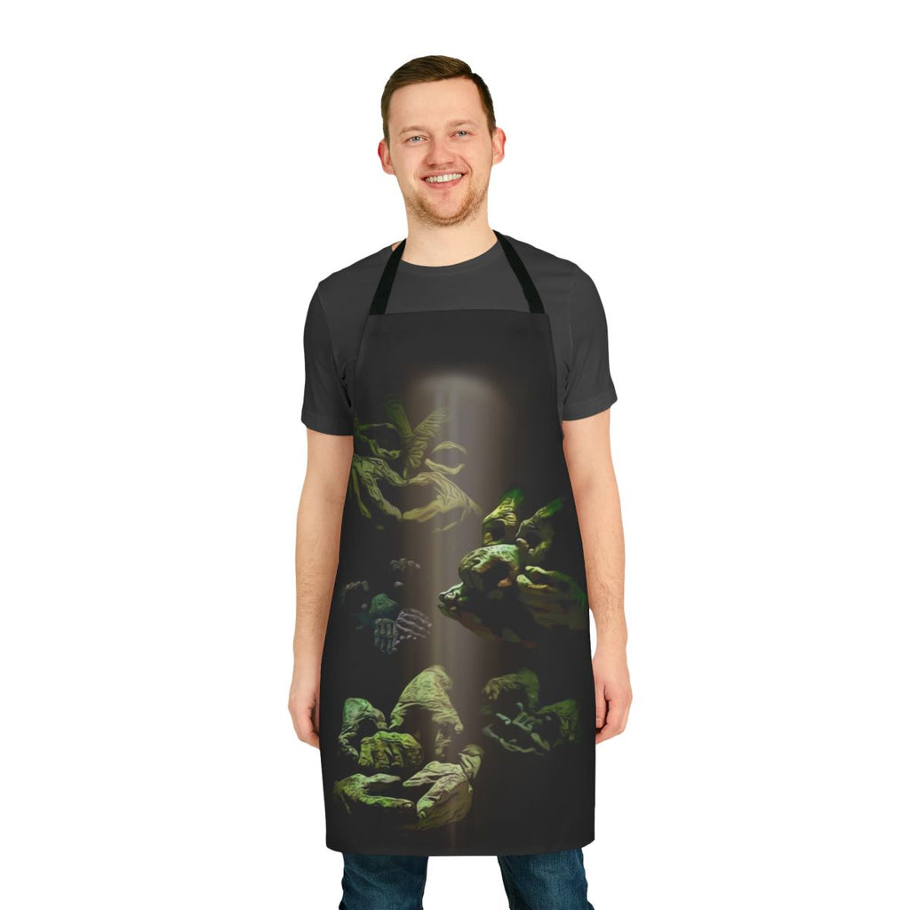 A vintage-inspired apron featuring a whimsical labyrinth and helping hand design, perfect for fans of 80s fantasy movies.
