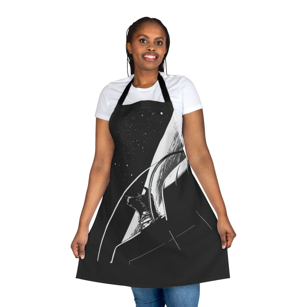 Laika the space dog on a vintage-style apron for stargazing and astronomy enthusiasts