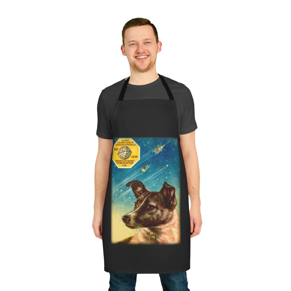 Vintage-style apron featuring Laika the famous Russian space dog from the Sputnik 2 mission