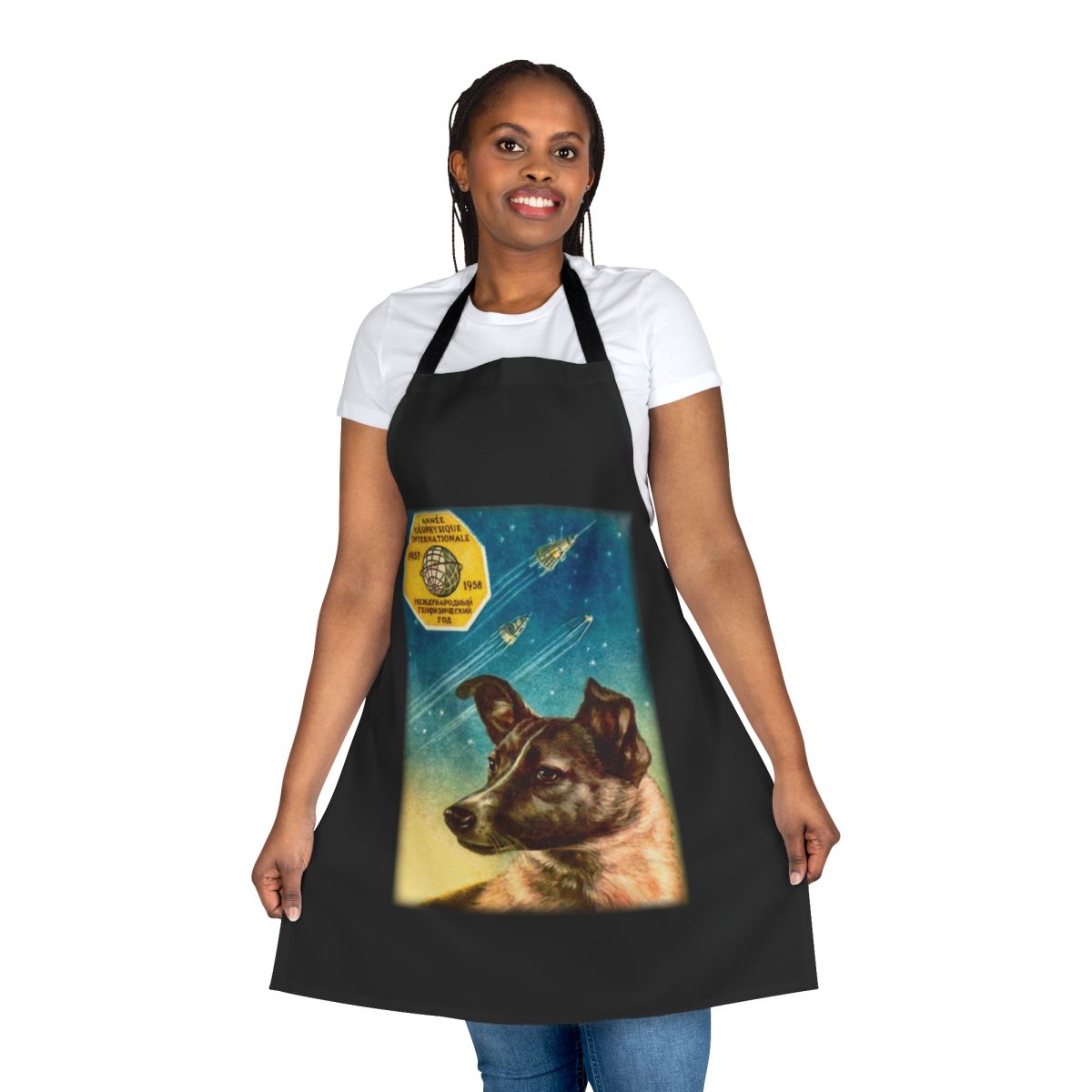 Vintage-style apron featuring Laika the famous Russian space dog from the Sputnik 2 mission