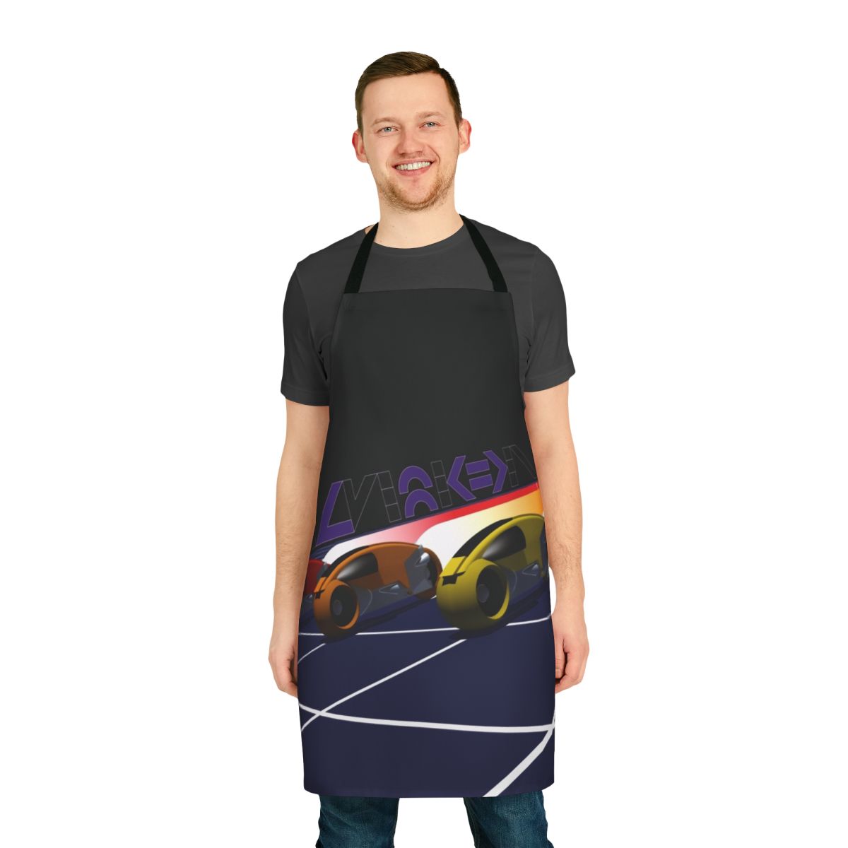 Retro-style apron featuring a Tron lightcycle racing grid design