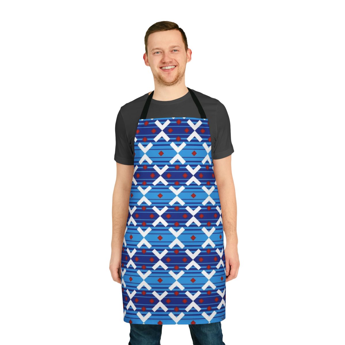 Vintage-style blue apron with London Underground train seat pattern